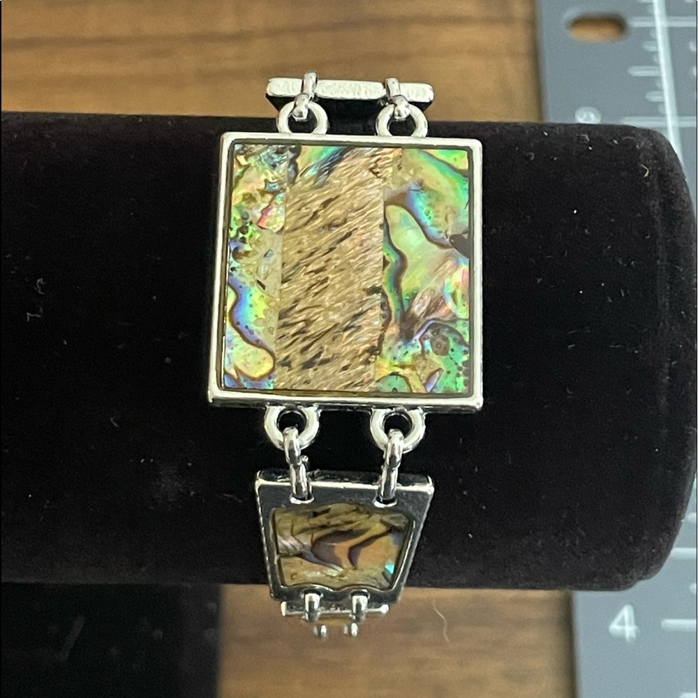 Silver tone faux abalone link bracelet 10” , imitation shell  look.